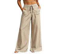 Duohropke Pantalones de verano a rayas para mujer, ligeros, de cintura alta, pantalones de lino con cintura elástica, elegantes pantalones anchos holgados para el tiempo libre, pantalones de tela de