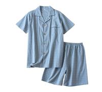 Duohropke Pijama corto de algodón para hombre, con botones, verano, dos piezas, camiseta de manga corta, pantalones de pijama, conjunto de ropa de noche, azul claro, L