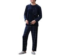 Duohropke Pijama para hombre, conjunto de chándal de invierno, manga larga de coral de forro polar, flanela suave y cálida, cuello con solapa, diseño de corona azul, juego de pijama para hombre, 2