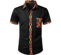 Duohropke Slim Fit Manga Corta Africana Camiseta Africana Dashiki Camiseta Africana Étnica Estampada Tops, Negro , L