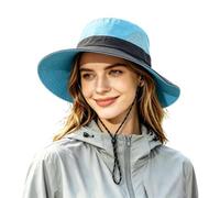 Duohropke Sombrero de sol con protección UV para mujer con correa de barbilla, sombrero de verano UPF 50+, sombrero plegable para exteriores, ala ancha, sombrero de pescador con agujero de cola de