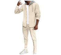 Duohropke Traje de ocio para hombre, traje de casa de gofre, elegante traje de jogging con capucha, botones, chándal de gran tamaño, suave, 2 piezas, sudadera con capucha y pantalones de entrenamiento