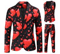 Duohropke Traje de San Valentín para hombre con estampado de corazón, chaleco y pantalón de esmoquin, traje de 3 piezas, corte ajustado, traje de fiesta divertido, disfraz elegante, blazer, chaleco de