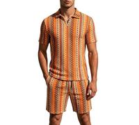 Duohropke Traje de verano para hombre, 2 piezas, camiseta de polo y pantalones cortos con estampado étnico, juego informal con botones hacia abajo, camiseta de playa a rayas, pantalones cortos
