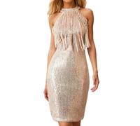 Duohropke Vestido de mujer elegante con flecos, vestido de cóctel con lentejuelas, sin mangas, minivestido de color liso, vestido de fiesta con purpurina, elegante, vestido festivo con purpurina