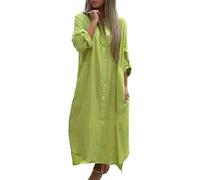 Duohropke Vestido maxi de verano para mujer, vestido camisero de lino, informal, holgado, vestido de fiesta, monocolor, con botones, manga larga, vestido de camiseta, tallas grandes, vestidos de