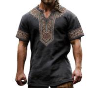 Duohropke Viking Camisa Hombre Manga Corta Hawaii Camisa Hombres Azteca Impresión 3D Botones Camiseta Manga Corta Cuello de Pico Top Retro Estampado Jersey Ligero Medieval Sudadera Regular Tops