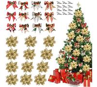DUOJIN 12 Piezas de decoración Flor de Navidad de Poinsettia Artificial Flor de simulación de Oro, con 12 Lazos de Navidad y 12 Clips, Kit Completo de Adornos para Guirnalda y árbol de Navidad