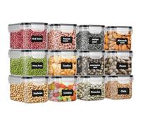 DUOJIN Set de 12 Recipiente Hermético Alimento de PP Sin BPA de Alta Transparencia Con Tapa de Cierre a Prueba de Fugas Caja Apilable Para Almacenar Cereales En La Cocina Con 32 Etiquetas&Lápiz-Negro