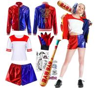 DUOLAM Disfraz Cosplay Quinn Niñas: Disfraz de Suicide Squad Escuadrón Cosplay Set con Camiseta Chaqueta Pantalones Corta y guantes bate inflable para Halloween Navidad Carnaval Niñosde Payaso