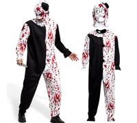 DUOLAM Halloween Disfraz Payaso Asesino: Disfraz de Payaso Art, Traje Payaso Blanco y Negro Mono, con Capucha y Puñal, Disfraces de Películas de Terror Cosplay para Hombres Adultos (M)