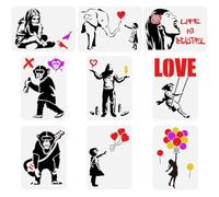 Duoleimi 9 Plantillas Banksy para Pintar, 21 x 29,7 cm, Reutilizables, Motivo: Banksy, niña, niño, chimpancé, patrón Life is Beautiful, Plantillas Decorativas para Pintar sobre Madera, Paredes.