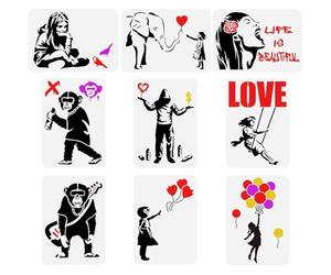 Duoleimi 9 Plantillas Banksy para Pintar, 21 x 29,7 cm, Reutilizables, Motivo: Banksy, niña, niño, chimpancé, patrón Life is Beautiful, Plantillas Decorativas para Pintar sobre Madera, Paredes.