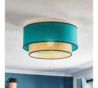 Duolla Lámpara de techo Boho, azul petróleo/madera/negro, Ø 45 cm, tela/ratán