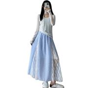 DuomaiJJ Falda Larga Small Sweet Lace Patchwork Skirt For Women Summer Slim All-Match High Wist A-Line Larga-Azul-l