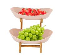 Duoruameng 2 pisos de fruta, plato de frutas con soporte de madera de bambú, 2 bandejas de polipropileno de calidad alimentaria para servir frutas, aperitivos, postres