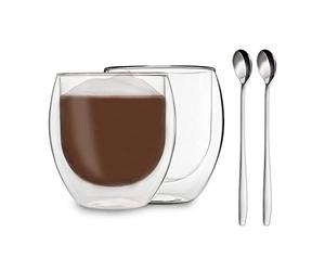 Duos 2 x 80 ml Juego de + 2 x Cucharas de acero inoxidable - Vasos Vasos térmicos de doble pared, también para Espresso, Licores, grappa, Chupito - by Feelino