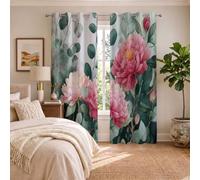 DUOTCYELE 140 x 245 cm Cortinas Peonía Rosa Hojas De Eucalipto De 2 Paneles, Cortinas Opacas Flores Frescas En Acuarela para Ventanas, Decoración para Sala De Estar Dormitorio Y Comedor, Verde