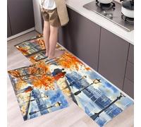 DUOTCYELE 2 Piezas Alfombras Cocina Árboles De Otoño Escena Callejera, Antideslizantes Lavable Tapete De Cocina, Paisaje Urbano En Acuarela, Alfombra De Cocinas para Piso, Oficina 50x80cm+50x150cm