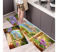 DUOTCYELE 2 Piezas Alfombras Cocina Arcos Macetas Lagos, Antideslizantes Lavable Tapete De Cocina, Refrescante Paisaje Costero, Alfombra De Cocinas para Piso, Oficina 45x75cm+45x150cm