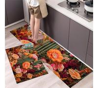 DUOTCYELE 2 Piezas Alfombras Cocina Cactus Rosa, Antideslizantes Lavable Tapete De Cocina, Estampado Floral Americano Vintage, Alfombra De Cocinas para Piso, Oficina 50x80cm+50x150cm