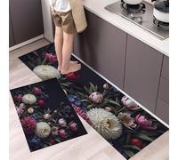 DUOTCYELE 2 Piezas Alfombras Cocina Tulipanes Dalias, Antideslizantes Lavable Tapete De Cocina, Flores Oscuras De Estilo Vintage, Alfombra De Cocinas para Piso, Oficina 45x75cm+45x150cm
