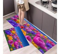 DUOTCYELE Alfombra Cocina Lavable Antideslizante Pack De 2 - Alfombrillas De Cocina Campos De Tulipanes, Paisaje Natural, Lavables, para Fregaderos, Cocina, Lavandería,45x75cm+45x150cm