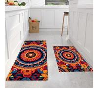 DUOTCYELE Alfombra Cocina Lavable Antideslizante Pack De 2 - Alfombrillas De Cocina Círculos Concéntricos Mandala, Estilo Bohemio Retro, Lavables, para Fregaderos, Cocina, Lavandería,50x80cm+50x150cm