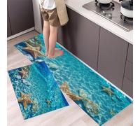 DUOTCYELE Alfombra Cocina Lavable Antideslizante Pack De 2 - Alfombrillas De Cocina Estrellas De Mar Conchas Marinas, Paisaje Submarino, Lavables, para Fregaderos, Cocina, Lavandería,50x80cm+50x150cm