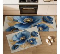 DUOTCYELE Alfombras de Cocina Amapola Azul Juegos de 2, 40x60cm+40x120cm Alfombras Antifatiga, Alfombras Flor De Lujo Moderna Antideslizantes para Cocina, Lavandería, Fregadero, Oficina, Escritorio