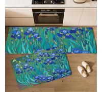 DUOTCYELE Alfombrillas De Cocina Iris Azul, Juego De 2 Tapetes De Cocina Antifatiga Flores Antiguas, Alfombras Suaves, Lavables, para Fregaderos De Cocinas, Lavadero, 40x60cm+40x120cm