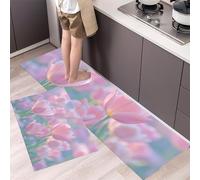 DUOTCYELE Alfombrillas De Cocina Tulipanes Rosas, Juego De 2 Tapetes De Cocina Antifatiga Flores De Ensueño, Alfombras Suaves, Lavables, para Fregaderos De Cocinas, Lavadero, 40x60cm+40x120cm