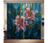 DUOTCYELE Cortinas Opaca Lirios Rosas Cristal 140 x 225 cm, Termicas Aislantes Reducir Ruido para Dormotorio, Sala De Estar, 2 Piezas Suaves Cortina Térmica con Art Nouveau, Azul Verdoso