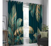DUOTCYELE Cortinas Opacas con Ojales Hojas De Plátano Doradas 140 x 225 cm, Cortinas Lujosas Plantas Tropicales Térmicas Que Bloquean La Luz Y Reducen El Ruido para Dormitorio Y Sala De Estar
