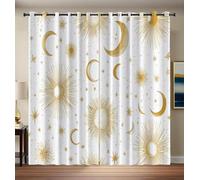 DUOTCYELE Cortinas Opacas De Sol Luna Estrellas para Dormitorio, Oro, Estilo Retro Dibujado A Mano, Oscurecimiento con Ojales, Cortinas De Ventana para Decoración De Sala De Estar 140 x 260 cm