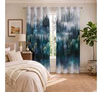 DUOTCYELE Cortinas Opacas Niebla Abetos Y Pinos, Cortinas Estilo Acuarela Vintage para Salon Y Dormitorio 2 Piezas 140 x 175 cm, Azul Cian Cortina Termicas Aislantes Frio Y Calor, con Ojales