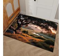 DUOTCYELE Felpudo Atardecer Árboles Colinas, Alfombrillas para Interiores, Felpudo Estilo Pastoral Tranquilo Antideslizante de Perfil Bajo para Entrada Cocina Puerta Trasera, 60 x 90 cm