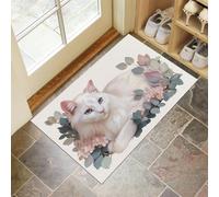 DUOTCYELE Felpudo Entrada Casa 40 x 60 cm, Alfombra para Puerta Flores Gato Blanco Antideslizante Lavable Alfombrilla Animales Suaves En Acuarela Absorbentes para Entrada, Pasillo, Cocina