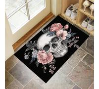 DUOTCYELE Felpudo Entrada Casa Rosas Rosas Calavera 80 x 120 cm, Alfombra Puerta Arte En Acuarela Oscura Interior Antideslizante, Felpudos Absorbente Suciedad Y Humedad, Fácil De Limpiar, Negro