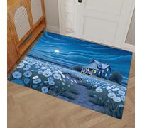 DUOTCYELE Felpudo Exterior Felpudos De Cielo Estrellado Campo De Flores Cabaña, 45 x 75 cm Felpudo Entrada Casa Estilo De Ilustración De Dibujos Animados Alfombrilla para Pasillo, Cocina, Dormitorio