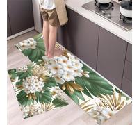 DUOTCYELE Juego De 2 Alfombras De Cocina Frangipani Hojas De Palma, Plantas Tropicales Antiguas, Tapetes De Cocina Antifatiga para Decoración del Hogar, Oficina, Escritorio De Pie 50x80cm+50x150cm