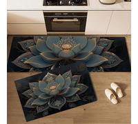 DUOTCYELE Juego De 2 Alfombras De Cocina Patrón De Flor De Loto, Estilo Art Déco Vintage, Tapetes De Cocina Antifatiga para Decoración del Hogar, Oficina, Escritorio De Pie 50x80cm+50x150cm