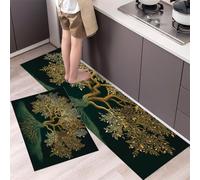 DUOTCYELE Juego De Alfombras De Cocina Árbol Dorado De La Vida 2 Piezas, Alfombras Y Tapetes De Cocina Espiritualidad Mística Antideslizantes 40x60cm+40x120cm Alfombra De Piso para Pasillo Entrada