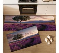 DUOTCYELE Juego De Alfombras De Cocina Campos De Lavanda 2 Piezas, Alfombras Y Tapetes De Cocina Estilo Pastoral De Sanación Antideslizantes 50x80cm+50x150cm Alfombra De Piso para Pasillo Entrada