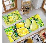 DUOTCYELE Juego De Alfombras De Cocina Limón Pera Geométrico Antideslizantes De 2 Piezas, Alfombra De Cocinas Arte Pop para Piso, Impermeable para Aceite Cocina, Baño, 50x80cm+50x150cm