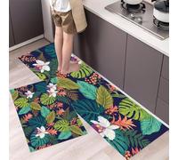 DUOTCYELE Juego De Alfombras De Cocina Monstera Deliciosa Orquídeas Antideslizantes De 2 Piezas, Alfombrillas De Cocina Flores Tropicales Antiguas, Lavable para Fregaderos De Cocinas 45x75cm+45x150cm