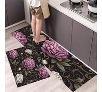 DUOTCYELE Juego De Alfombras De Cocina Peonía Vides De 2 Piezas, Tapetes De Cocina Flores Antiguas Antideslizantes para Decoración del Hogar, Escritorio De Pie 50x80cm+50x150cm, Púrpura