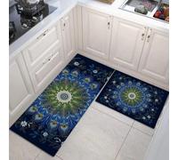 DUOTCYELE Juego De Alfombras De Cocina Plumas De Pavo Real Mandala Antideslizantes De 2 Piezas, Alfombra De Cocinas Estilo Boho Retro para Piso, Impermeable para Aceite Cocina, Baño, 45x75cm+45x150cm