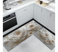 DUOTCYELE Juego De Alfombras De Cocina Rosas Peonías Antideslizantes Y Antifatiga De 2 Piezas, Alfombrillas De Cocina Flores Antiguas En Relieve, Lavable para Fregaderos De Cocinas 45x75cm+45x150cm