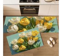 DUOTCYELE Juego De Alfombras De Cocina Tulipanes Amarillos De 2 Piezas, Tapetes De Cocina Flores En Relieve 3D Antideslizantes para Decoración del Hogar, Escritorio De Pie 50x80cm+50x150cm, Amarillo